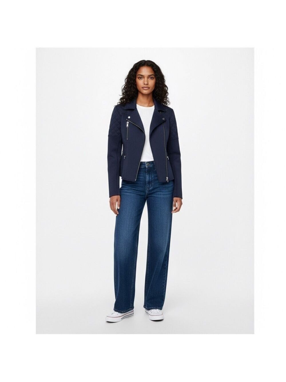 ARITZIA WILFRED FREE Navy Neoprine Moto Jacket w/ Zipper Detail Pockets Sz 2